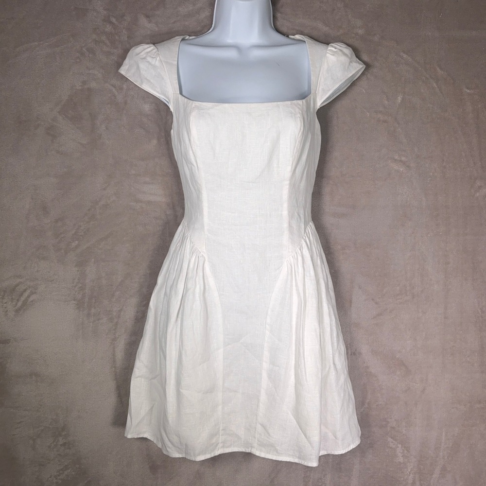 Reformation Cammie Dress Womens 0 White Linen Square Neck Mini Cottagecore - Picture 2 of 9